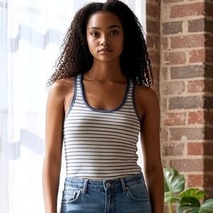 Vintage 2002 American Eagle Y2K Striped Tank Top Women's M Ribbed Shelf Bra Blue